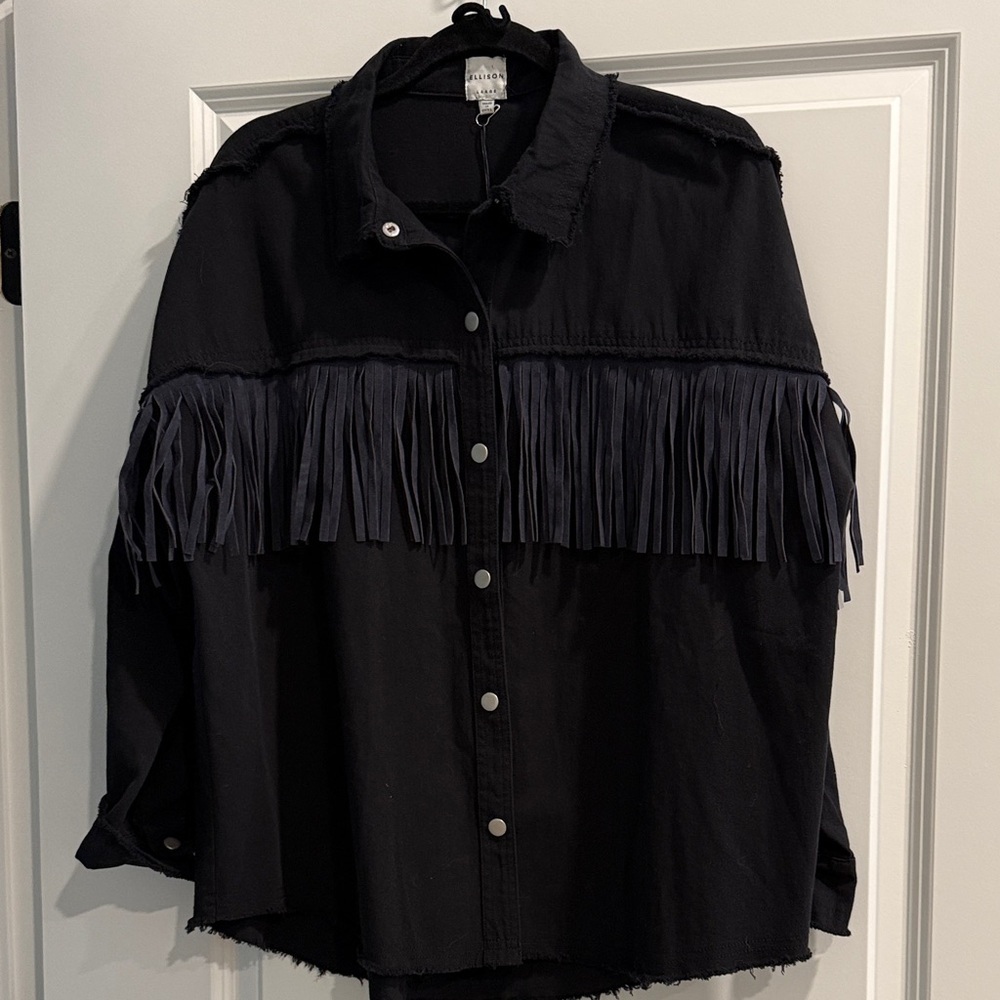 NWT Ellison Black Fringe Button-Up Shirt Shacket sz l